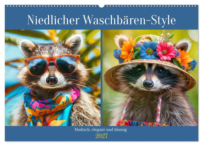 Niedlicher Waschbären-Style. Modisch elegant und blumig (Wandkalender 2027 DIN A2 quer) CALVENDO Monatskalender