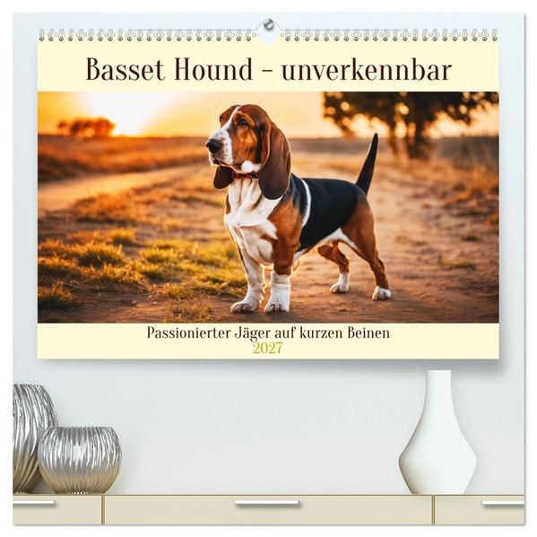 Basset Hound - unverkennbar (hochwertiger Premium Wandkalender 2027 DIN A2 quer) Kunstdruck in Hochglanz