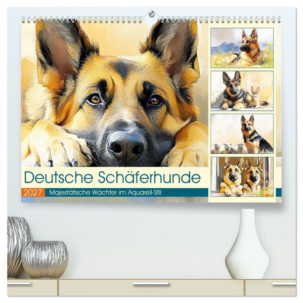 Deutsche Schäferhunde. Majestätische Wächter im Aquarell-Stil (hochwertiger Premium Wandkalender 2027 DIN A2 quer) Kunstdruck in Hochglanz