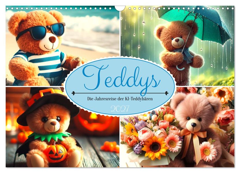 Teddys - Die Jahresreise der KI-Teddybären (Wandkalender 2027 DIN A3 quer) CALVENDO Monatskalender