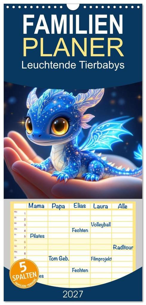 Familienplaner 2027 - Leuchtende Tierbabys mit 5 Spalten (Wandkalender 21 x 45 cm) CALVENDO
