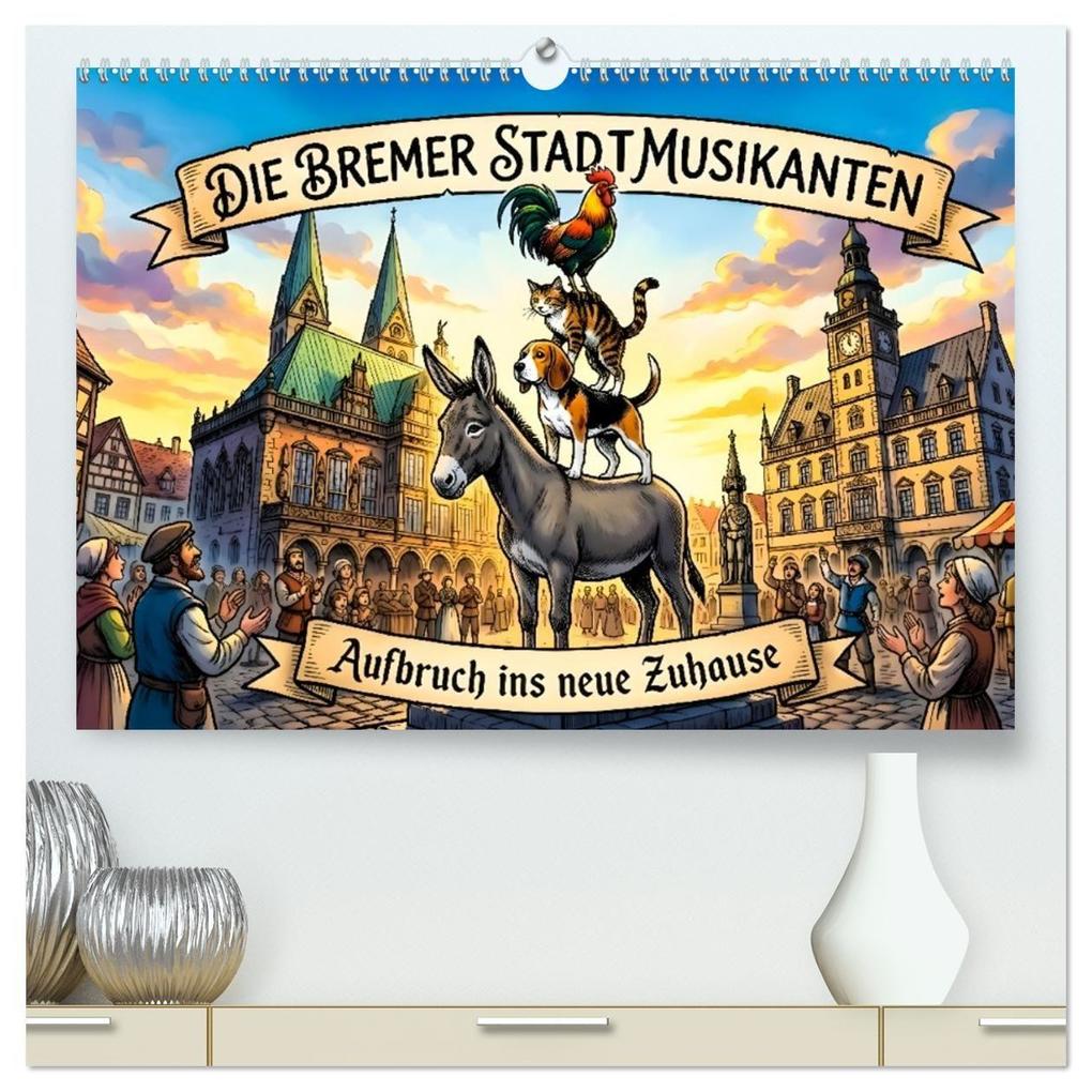 Die Bremer Stadtmusikanten - Aufbruch ins neue Zuhause (hochwertiger Premium Wandkalender 2027 DIN A2 quer) Kunstdruck in Hochglanz
