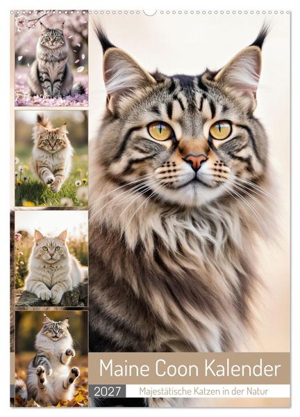 Maine Coon Kalender - Majestätische Katzen in der Natur (Wandkalender 2027 DIN A2 hoch) CALVENDO Monatskalender