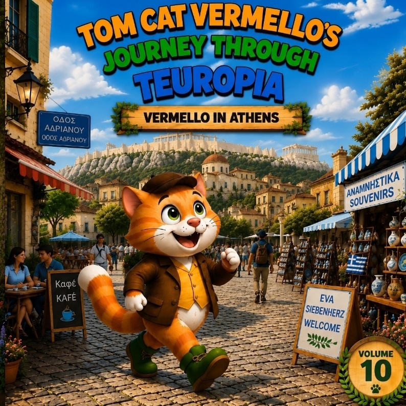 Vermello in Athens Volume 9 of the illustrated children's book series *Vermello the Cat's Journey Through Teuropia*-an adventure about courage and friendship