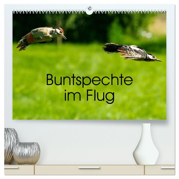 Buntspechte im Flug (hochwertiger Premium Wandkalender 2027 DIN A2 quer) Kunstdruck in Hochglanz