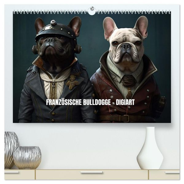 Französische Bulldogge KI Digiart (hochwertiger Premium Wandkalender 2027 DIN A2 quer) Kunstdruck in Hochglanz