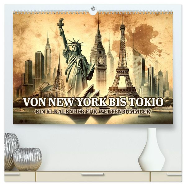 Von New York bis Tokio - Ein KI-Kalender für Weltenbummler (hochwertiger Premium Wandkalender 2027 DIN A2 quer) Kunstdruck in Hochglanz
