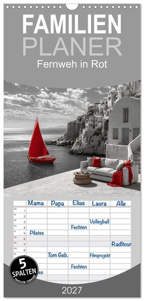Familienplaner 2027 - Fernweh in Rot mit 5 Spalten (Wandkalender 21 x 45 cm) CALVENDO