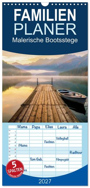 Familienplaner 2027 - Malerische Bootsstege mit 5 Spalten (Wandkalender 21 x 45 cm) CALVENDO
