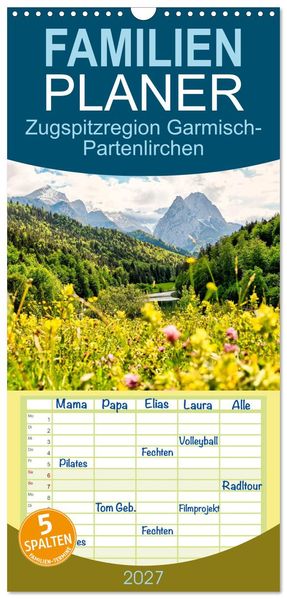 Familienplaner 2027 - Zugspitzregion Garmisch-Partenlirchen mit 5 Spalten (Wandkalender 21 x 45 cm) CALVENDO