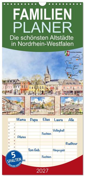 Familienplaner 2027 - Die schönsten Altstädte in Nordrhein-Westfalen mit 5 Spalten (Wandkalender 21 x 45 cm) CALVENDO