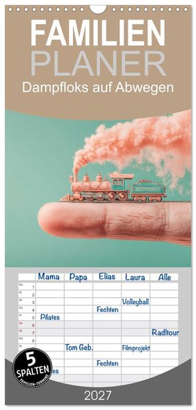 Familienplaner 2027 - Dampfloks auf Abwegen mit 5 Spalten (Wandkalender 21 x 45 cm) CALVENDO
