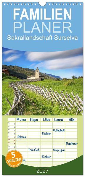 Familienplaner 2027 - Sakrallandschaft Surselva mit 5 Spalten (Wandkalender 21 x 45 cm) CALVENDO