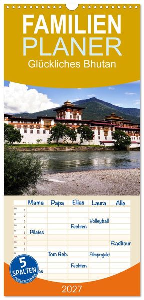 Familienplaner 2027 - Glückliches Bhutan mit 5 Spalten (Wandkalender 21 x 45 cm) CALVENDO