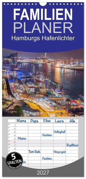 Familienplaner 2027 - Hamburgs Hafenlichter mit 5 Spalten (Wandkalender 21 x 45 cm) CALVENDO