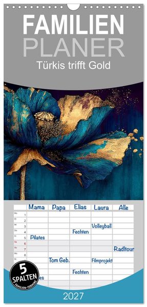 Familienplaner 2027 - Türkis trifft Gold mit 5 Spalten (Wandkalender 21 x 45 cm) CALVENDO