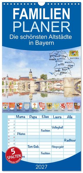 Familienplaner 2027 - Die schönsten Altstädte in Bayern mit 5 Spalten (Wandkalender 21 x 45 cm) CALVENDO