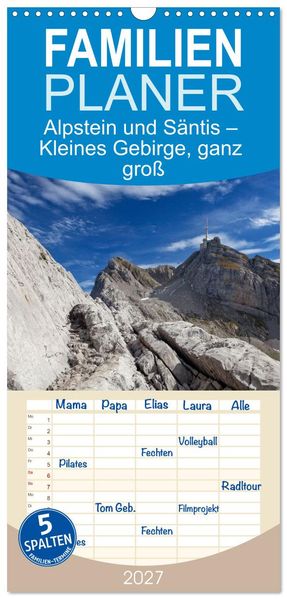 Familienplaner 2027 - Alpstein und Säntis - Kleines Gebirge ganz groß mit 5 Spalten (Wandkalender 21 x 45 cm) CALVENDO
