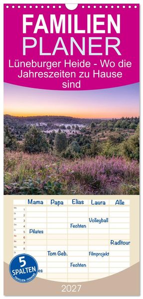 Familienplaner 2027 - Lüneburger Heide - Wo die Jahreszeiten zu Hause sind mit 5 Spalten (Wandkalender 21 x 45 cm) CALVENDO