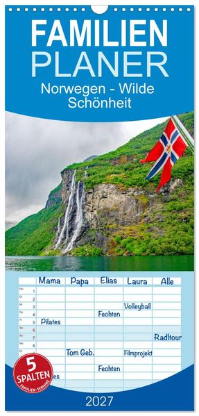 Familienplaner 2027 - Norwegen - Wilde Schönheit mit 5 Spalten (Wandkalender 21 x 45 cm) CALVENDO