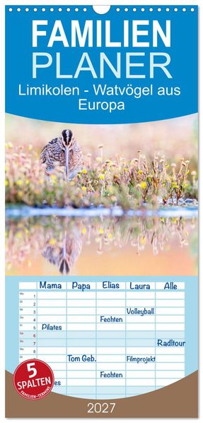 Familienplaner 2027 - Limikolen - Watvögel aus Europa mit 5 Spalten (Wandkalender 21 x 45 cm) CALVENDO