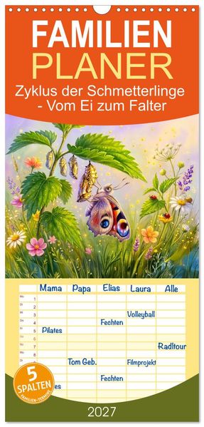 Familienplaner 2027 - Zyklus der Schmetterlinge - Vom Ei zum Falter mit 5 Spalten (Wandkalender 21 x 45 cm) CALVENDO
