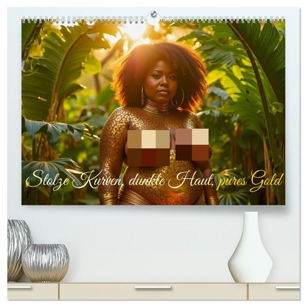 Stolze Kurven dunkle Haut pures Gold (hochwertiger Premium Wandkalender 2027 DIN A2 quer) Kunstdruck in Hochglanz