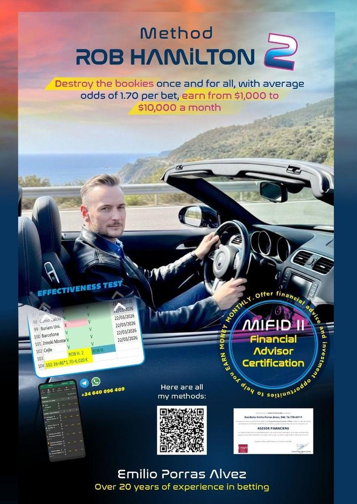 Method ROB HAMILTON 2 Destroy the bookies once and for all with average odds of 1.70 per bet earn from $1000 to $10000 a month Over 20 years of experience in betting.
