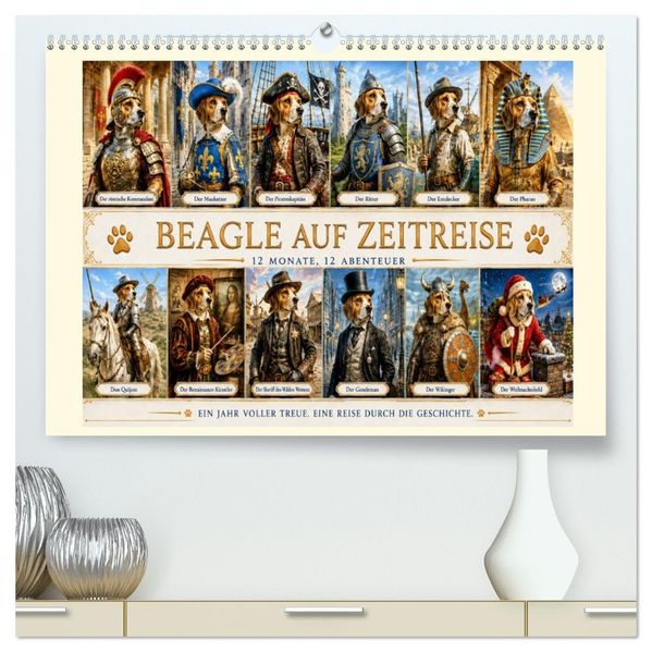 Beagle auf Zeitreise (hochwertiger Premium Wandkalender 2027 DIN A2 quer) Kunstdruck in Hochglanz