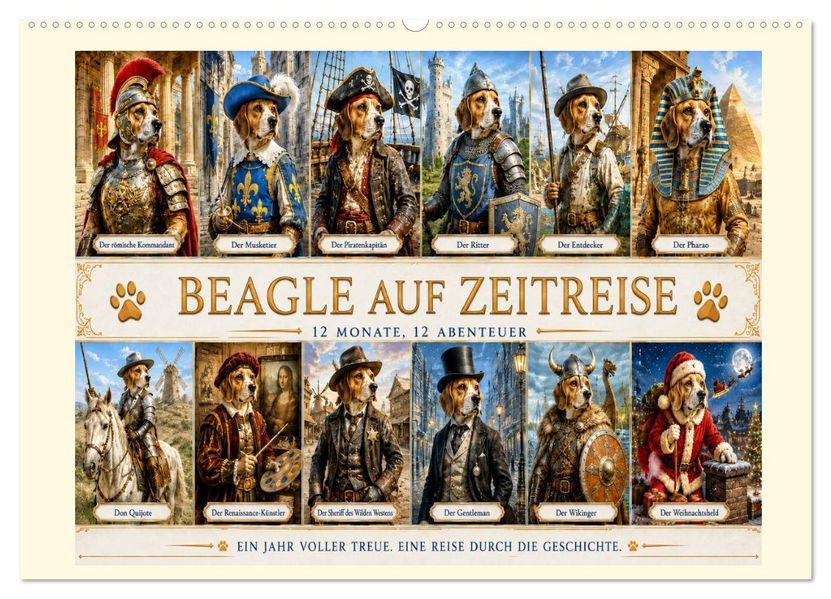 Beagle auf Zeitreise (Wandkalender 2027 DIN A2 quer) CALVENDO Monatskalender