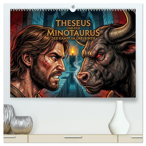 Theseus und der Minotaurus - Der Kampf im Labyrinth (hochwertiger Premium Wandkalender 2027 DIN A2 quer) Kunstdruck in Hochglanz