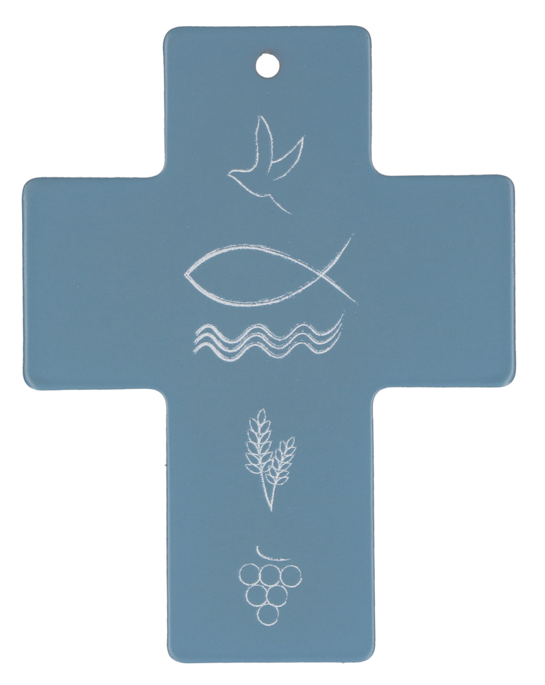 Symbolkreuz aus Metall - Taube Fisch Wellen Ähre und Trauben