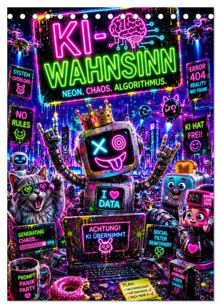 'KI-Chaos & Neon-Vibes' - ein explosiv-bunter Kalender voller futuristischer Verrücktheit: Roboter Glitch-Effekte & surreale Cyberpunk-Welten feiern ihre ganz eigene 'KI-Party' - schräg wild & außergewöhnlich! (Tischkalender 2027 DIN A5 hoch) CALVENDO Monatskalender