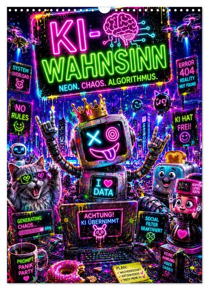 'KI-Chaos & Neon-Vibes' - ein explosiv-bunter Kalender voller futuristischer Verrücktheit: Roboter Glitch-Effekte & surreale Cyberpunk-Welten feiern ihre ganz eigene 'KI-Party' - schräg wild & außergewöhnlich! (Wandkalender 2027 DIN A3 hoch) CALVENDO Monatskalender