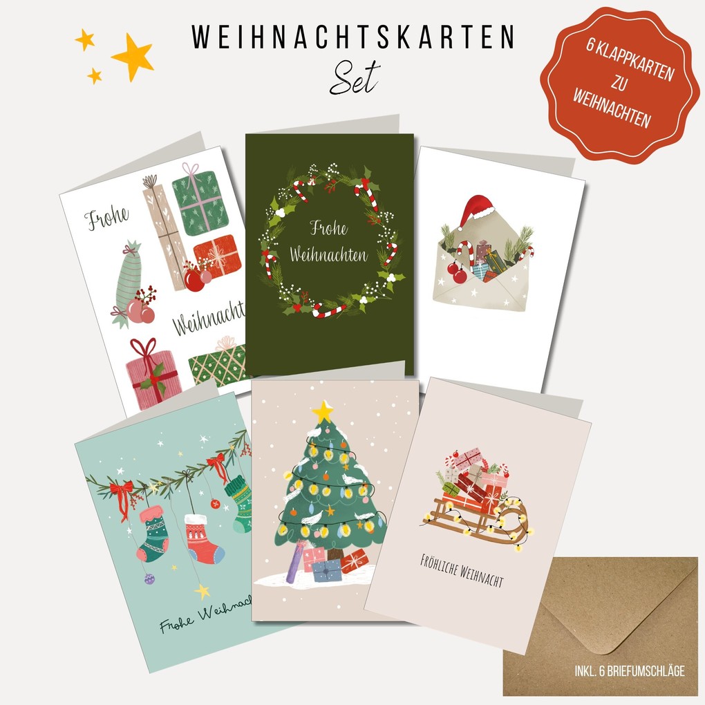 KEITCARDS Weihnachtskarten - handgezeichnete Klappkarten mit Briefumschlag 6er Set