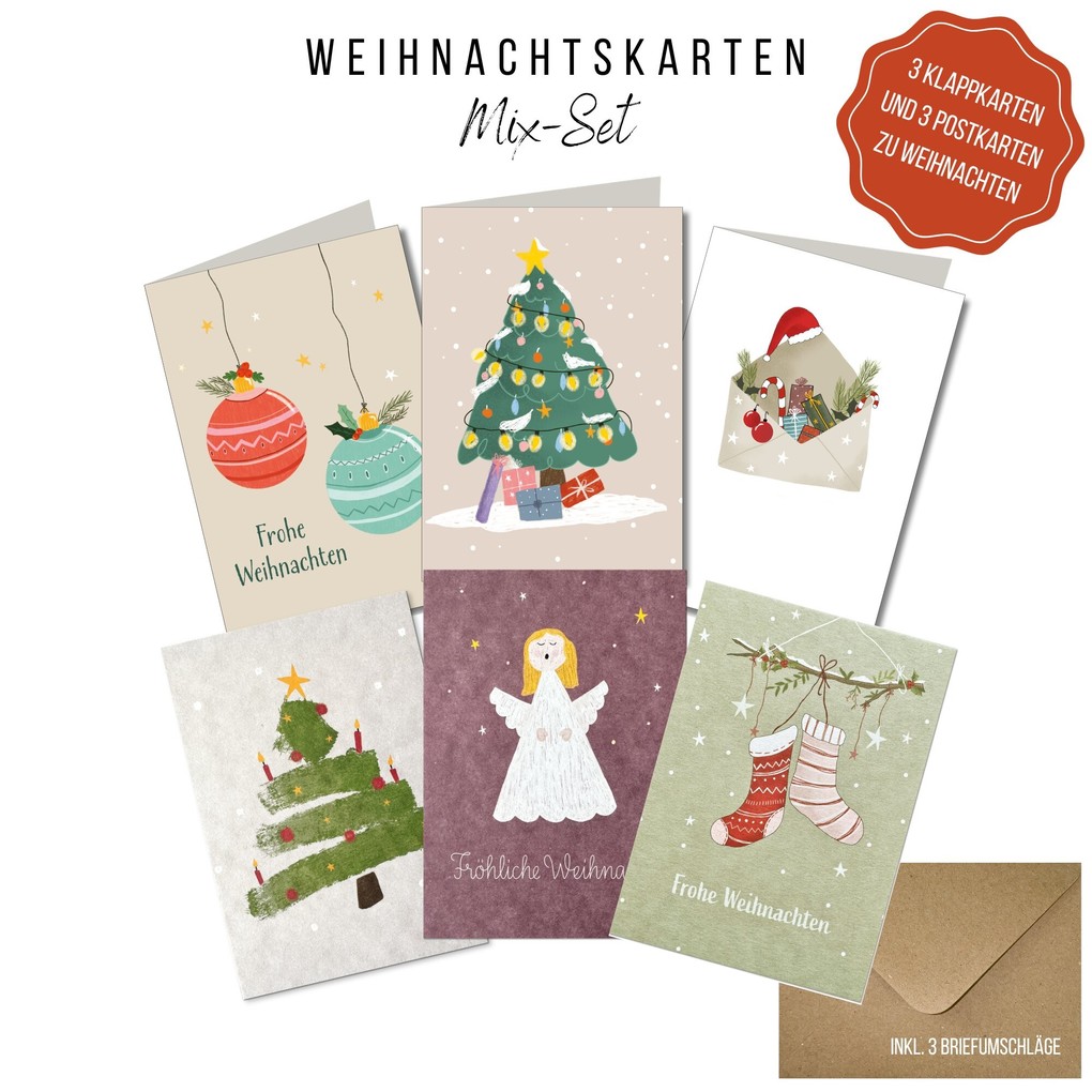 KEITCARDS Weihnachtskarten mixed Set 3 x Postkarten und 3 x Klappkarten