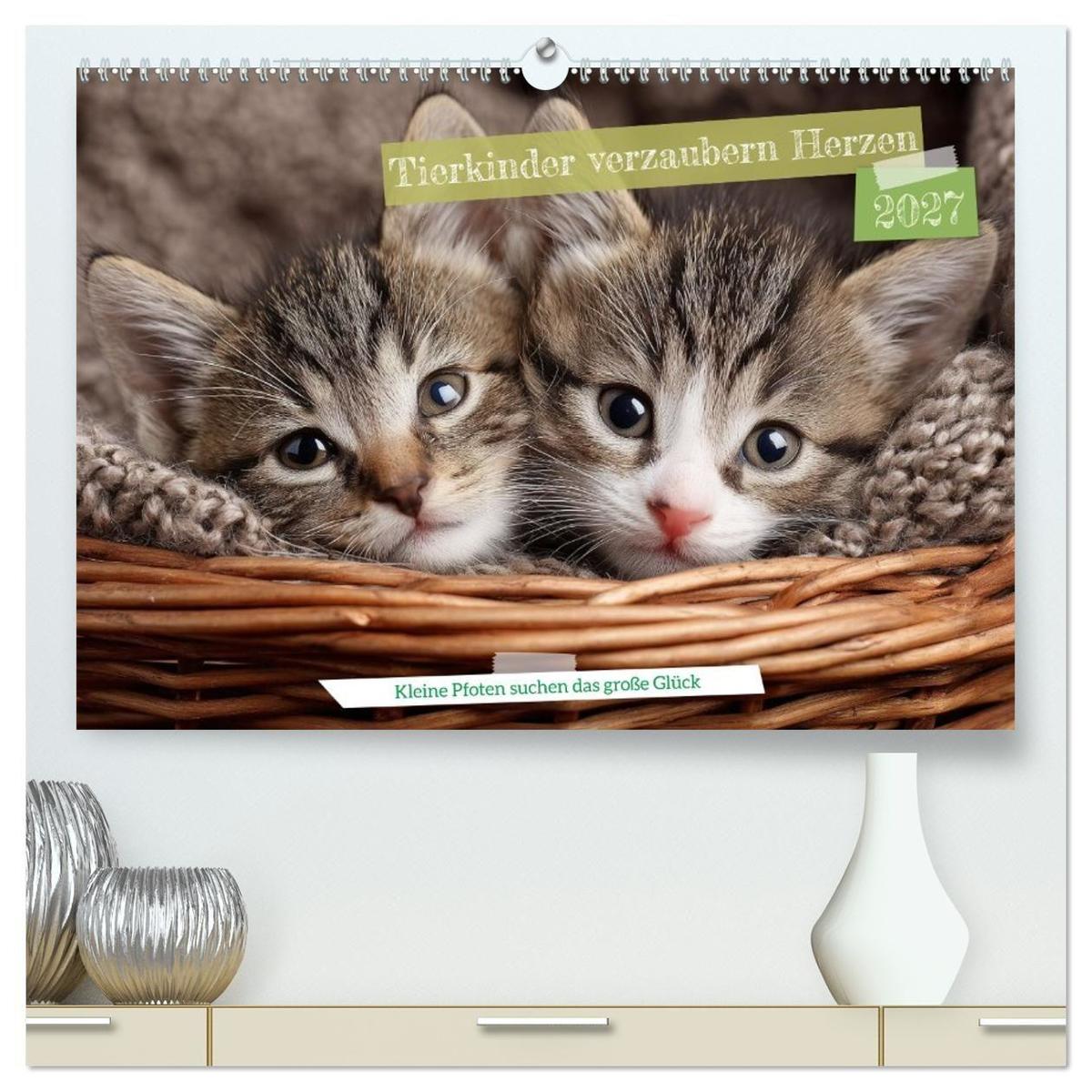 Tierkinder verzaubern Herzen (hochwertiger Premium Wandkalender 2027 DIN A2 quer) Kunstdruck in Hochglanz