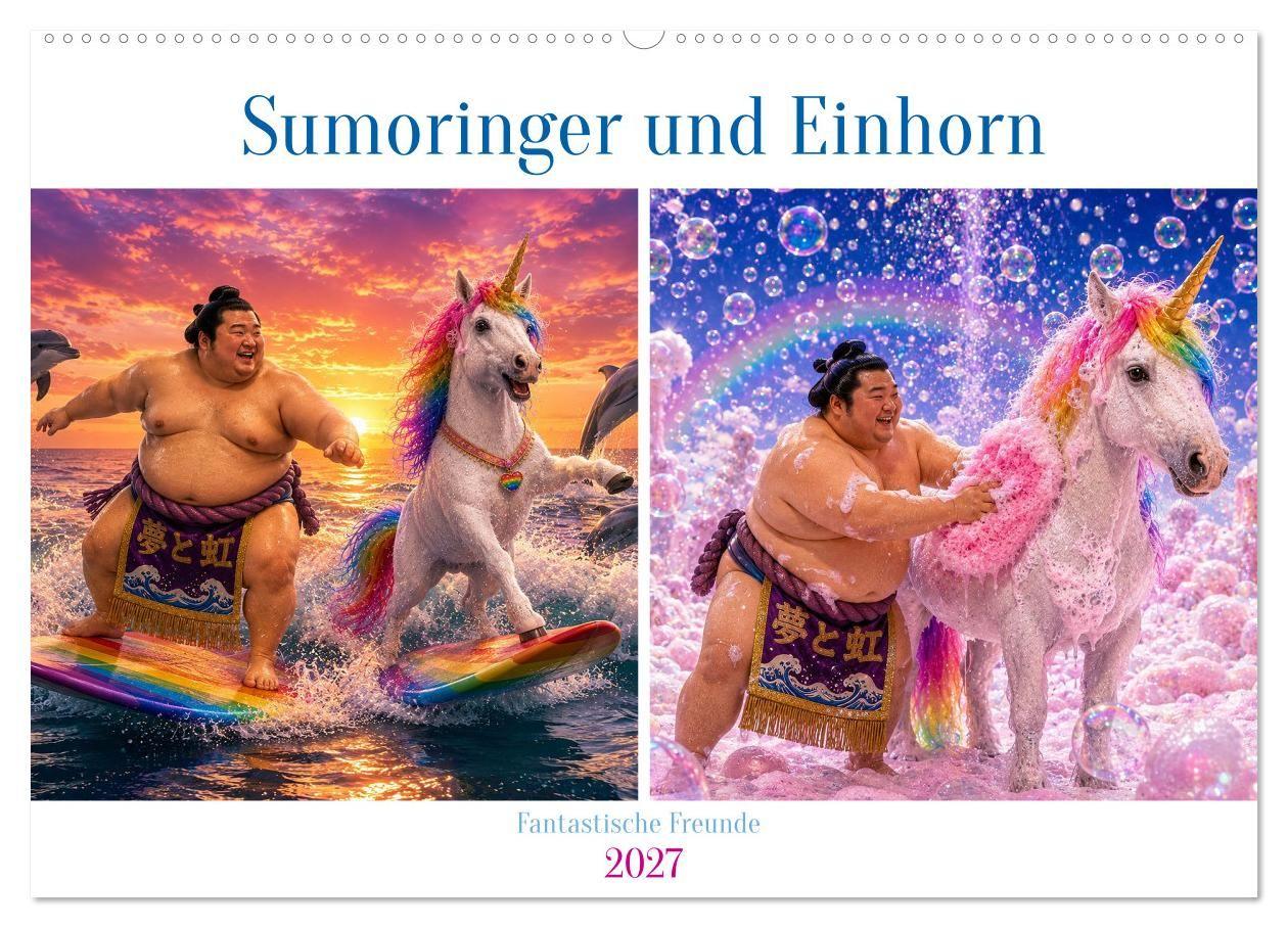 Sumoringer und Einhorn - Fantastische Freunde (Wandkalender 2027 DIN A2 quer) CALVENDO Monatskalender