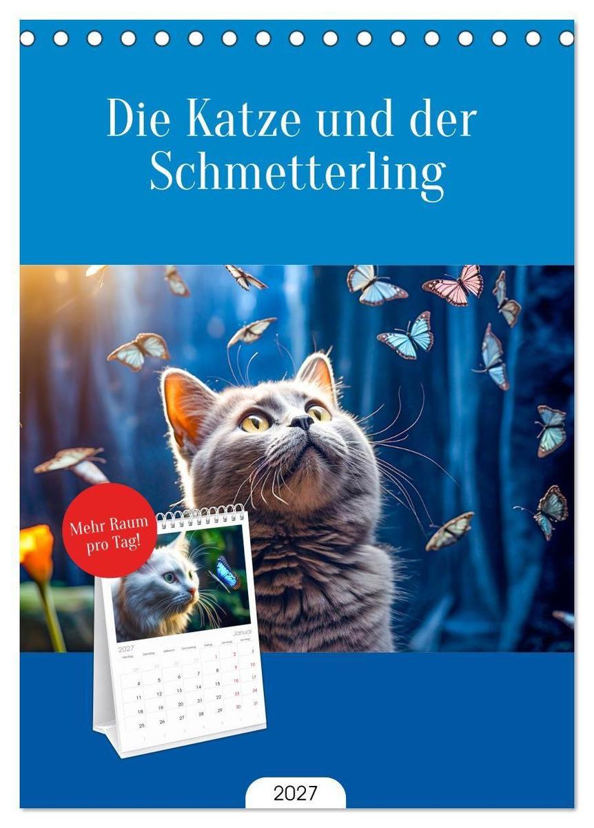 Tischplaner 2027 - Die Katze und der Schmetterling (A5 Tischkalender zum Aufstellen) CALVENDO